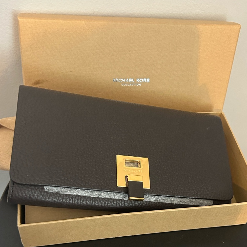 Michael Kors Collection Chocolate Leather Continental Wallet with Gold Clasp